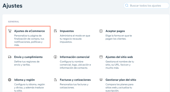 ajustes tienda online en wix